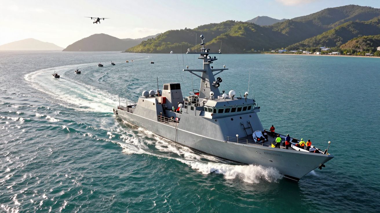 Okręt wojenny płynący po morzu z dronem i mniejszymi jednostkami w tle przy górzystym wybrzeżu.
