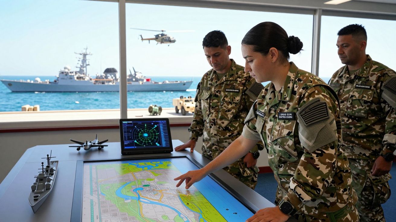 Żołnierze analizują mapę i radar w bazie morskiej, za oknem statek wojskowy i śmigłowiec.