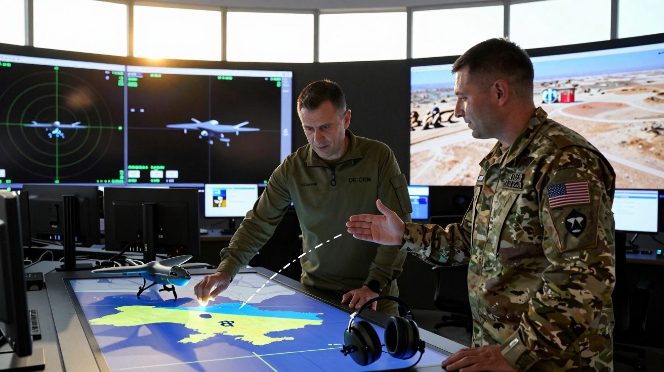 Dwóch żołnierzy analizuje dane lotu drona nad mapą Ukrainy na interaktywnym stole w centrum dowodzenia.