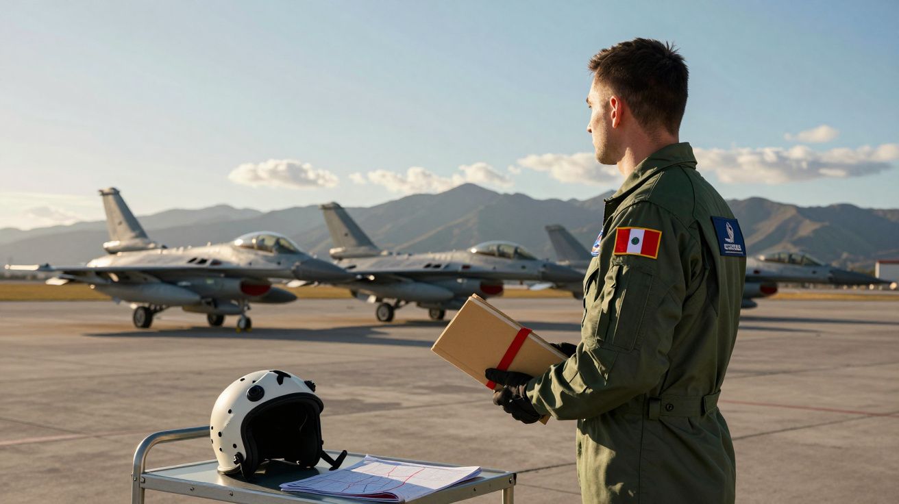 Pilot wojskowy z notatnikiem na lotnisku wojskowym, na tle myśliwców F-16 i gór.