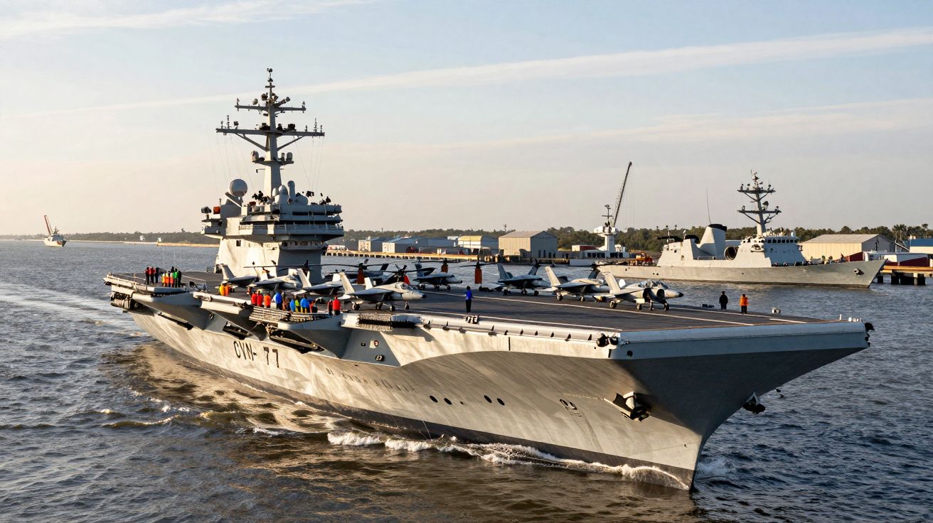 Lotniskowiec wojskowy na wodzie z samolotami i personelem na pokładzie o zachodzie słońca.