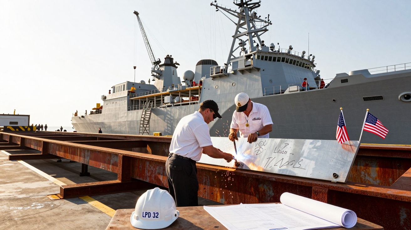 Dwaj marynarze podczas ceremonii wmurowania kamienia węgielnego przy okręcie wojennym w porcie.