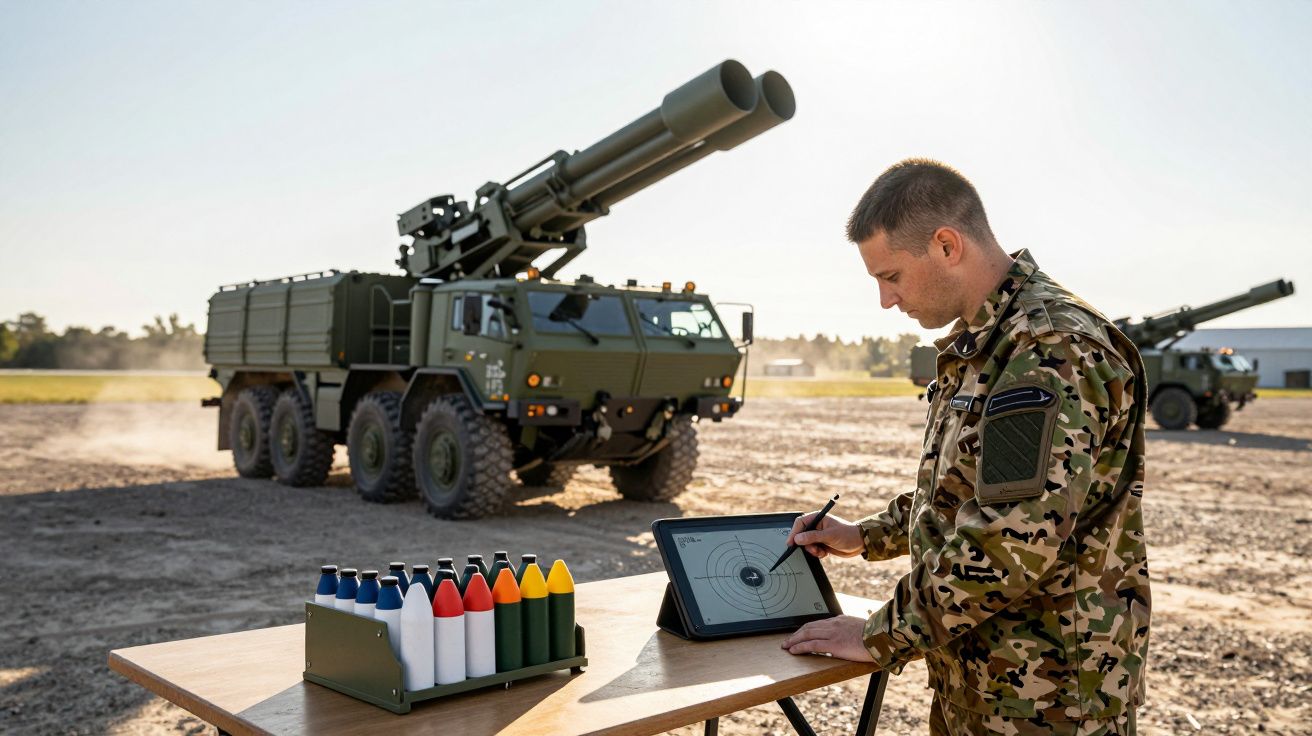 Żołnierz przy stole z tabletem i modelami pocisków, w tle wojskowy transporter opancerzony z działem.