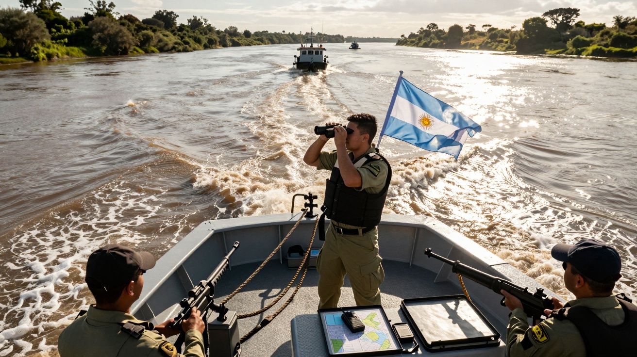 Trzech funkcjonariuszy patrolu wodnego z Argentyny na łodzi z flagą, obserwujących rzekę przez lornetkę.