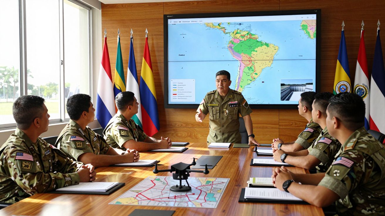 Grupa żołnierzy w mundurach podczas spotkania przy stole z mapą i dronem, prezentacja na ekranie z mapą Ameryk.