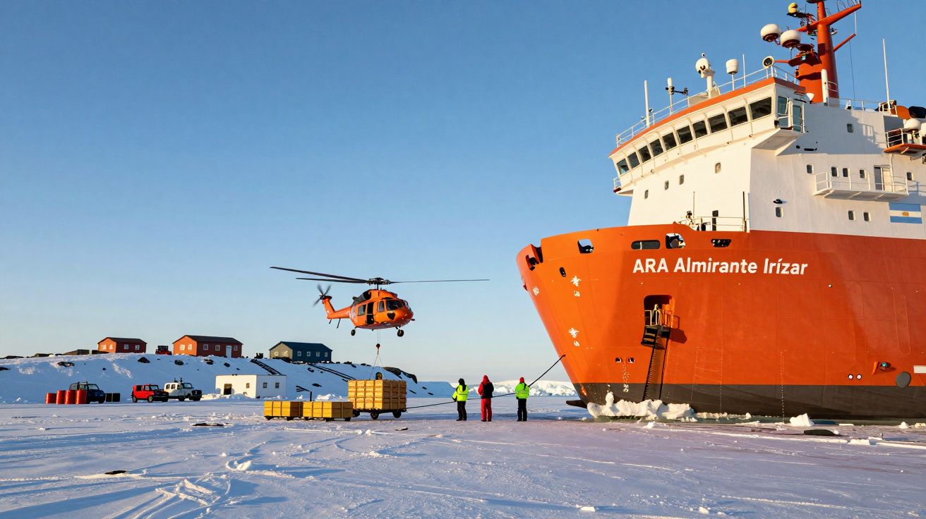 Pomarańczowy lodołamacz i helikopter na śnieżnej antarktycznej stacji badawczej, trzy osoby w ubraniach zimowych.
