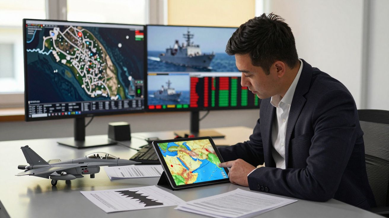 Mężczyzna w garniturze analizuje mapę na tablecie w biurze, z monitorami i modelem samolotu na biurku.