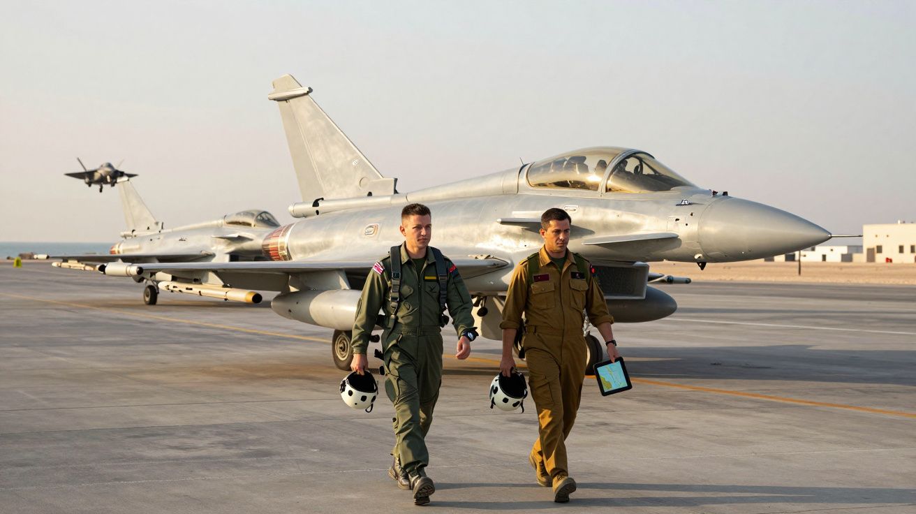 Dwaj piloci w kombinezonach idą obok myśliwca na pasie startowym lotniska wojskowego.