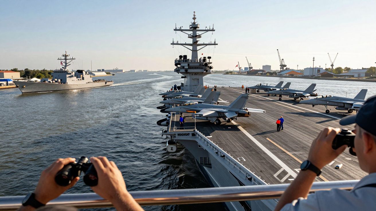 Lotniskowiec z samolotami bojowymi na pokładzie i wojskowym statkiem obok w porcie.