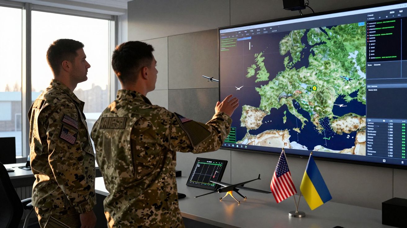 Dwaj żołnierze w mundurach obserwują ekran z mapą Europy i modelami dronów w pomieszczeniu kontrolnym.