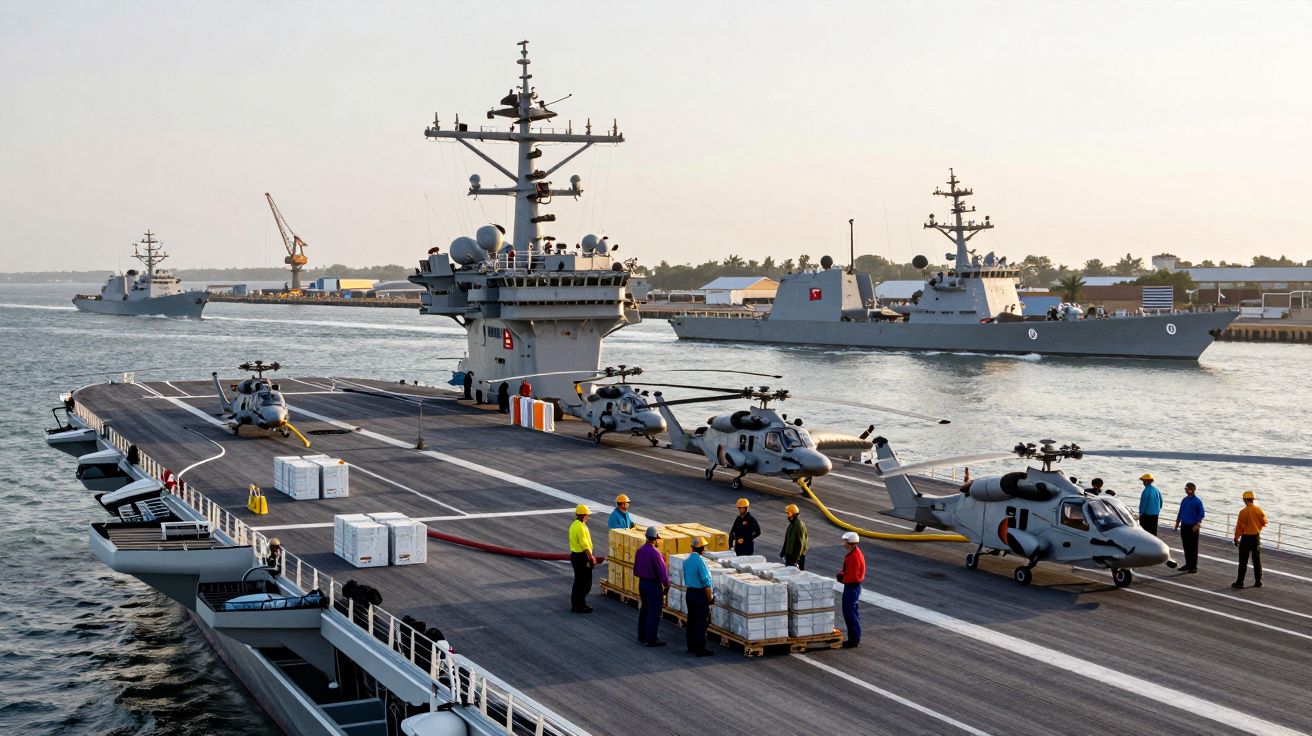 Lotniskowiec z trzema helikopterami i personelem przenoszącym ładunki na pokładzie, w porcie wojennym.