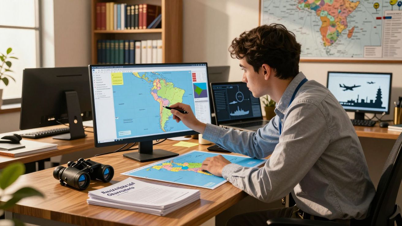 Mężczyzna analizujący mapę Ameryki Południowej na monitorze i papierowej mapie w biurze.