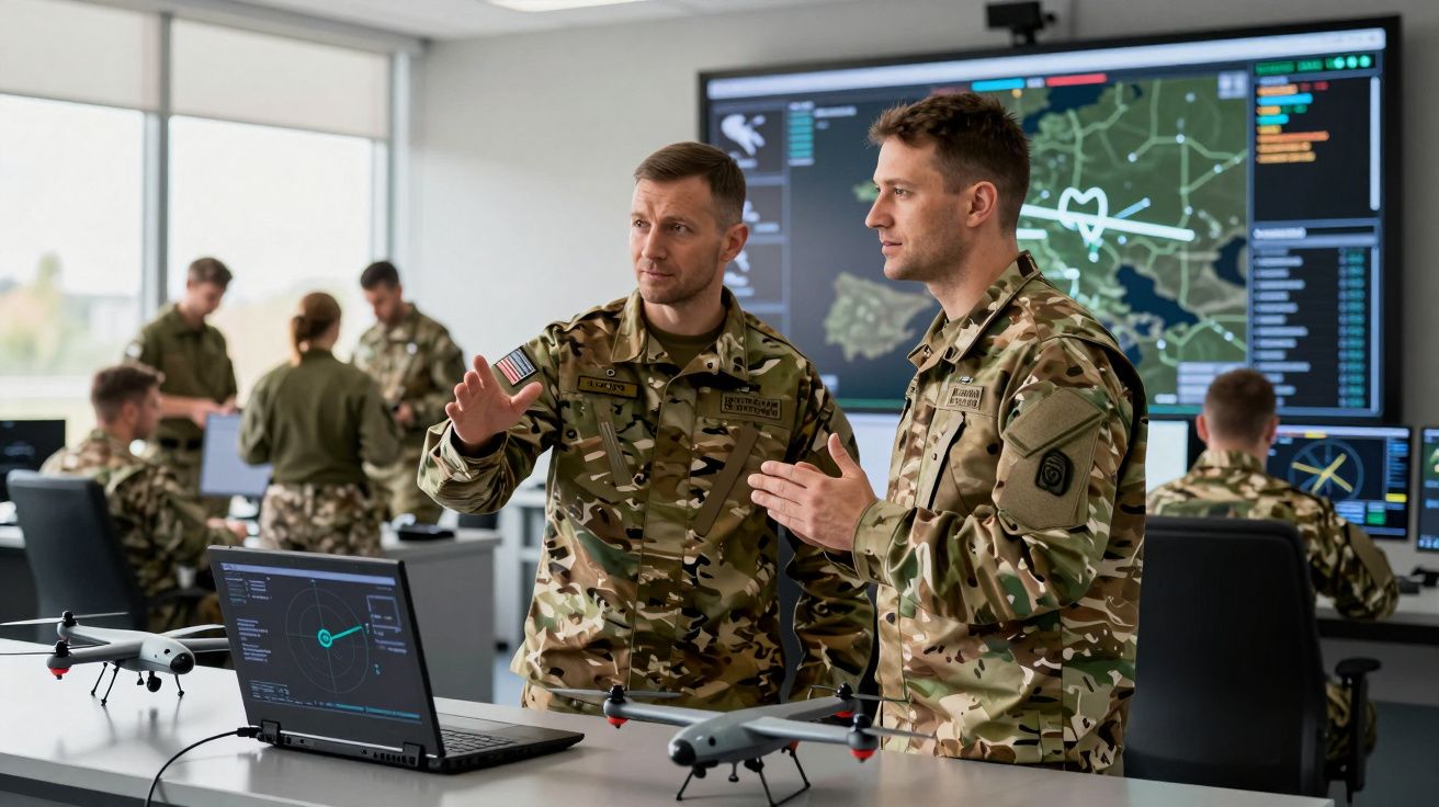 Dwóch żołnierzy w mundurach omawia strategię przy laptopie z dronami, w tle ekran z mapą.
