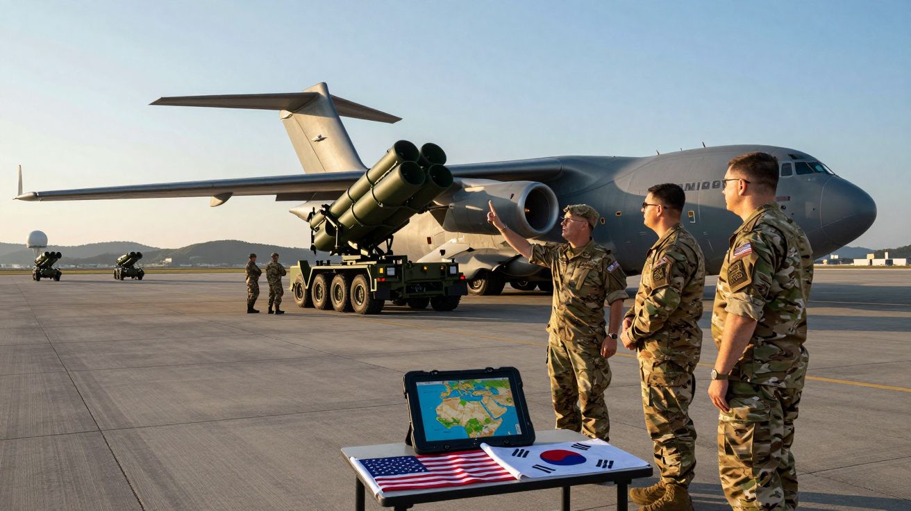 Żołnierze przy sprzęcie wojskowym na lotnisku, obok stół z flagami USA i Korei Południowej.