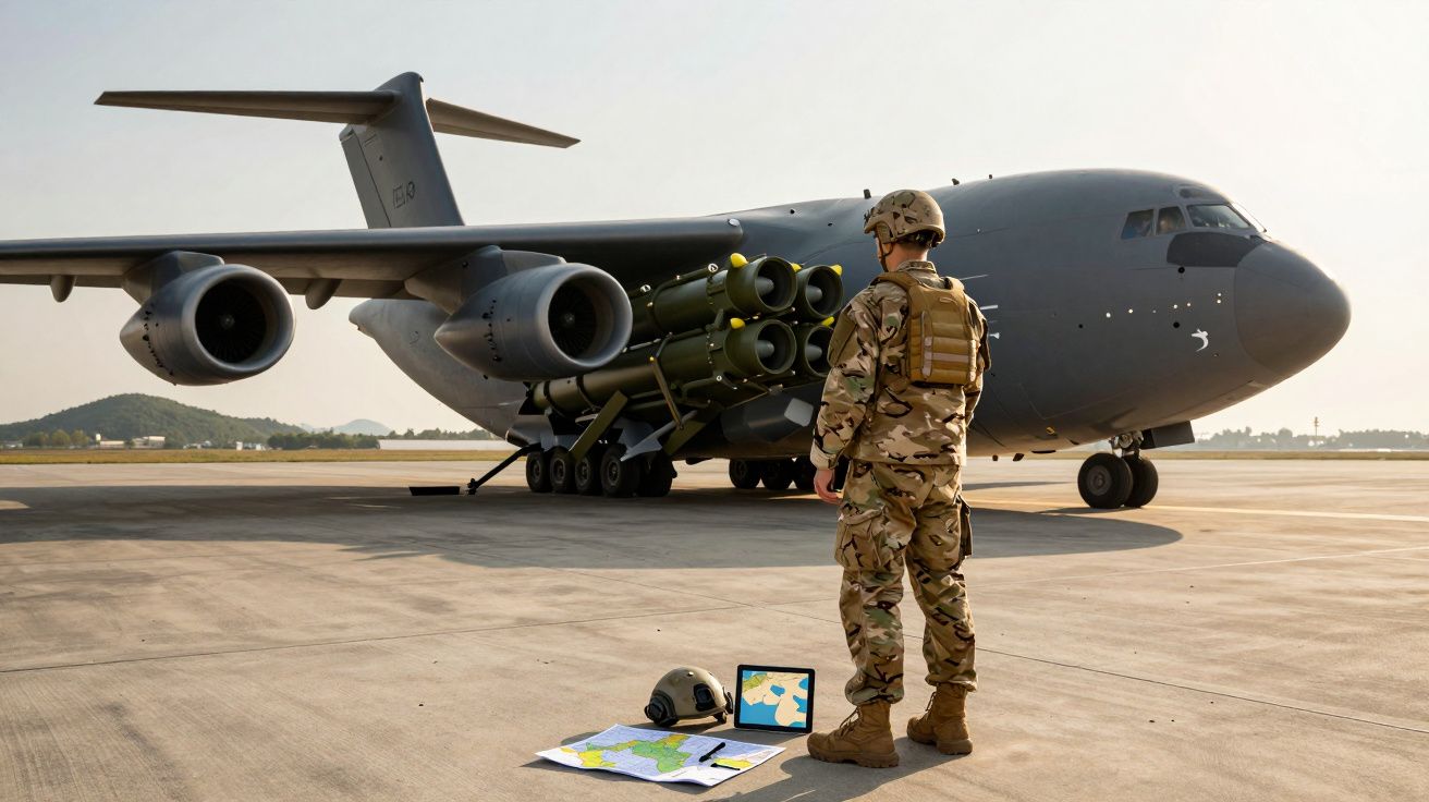 Żołnierz w mundurze stoi przy wojskowym samolocie z pociskami na płycie lotniska.