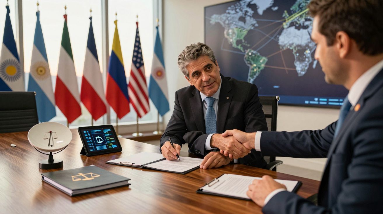 Dwóch mężczyzn w garniturach podaje sobie ręce podczas podpisywania dokumentów przy stole konferencyjnym.