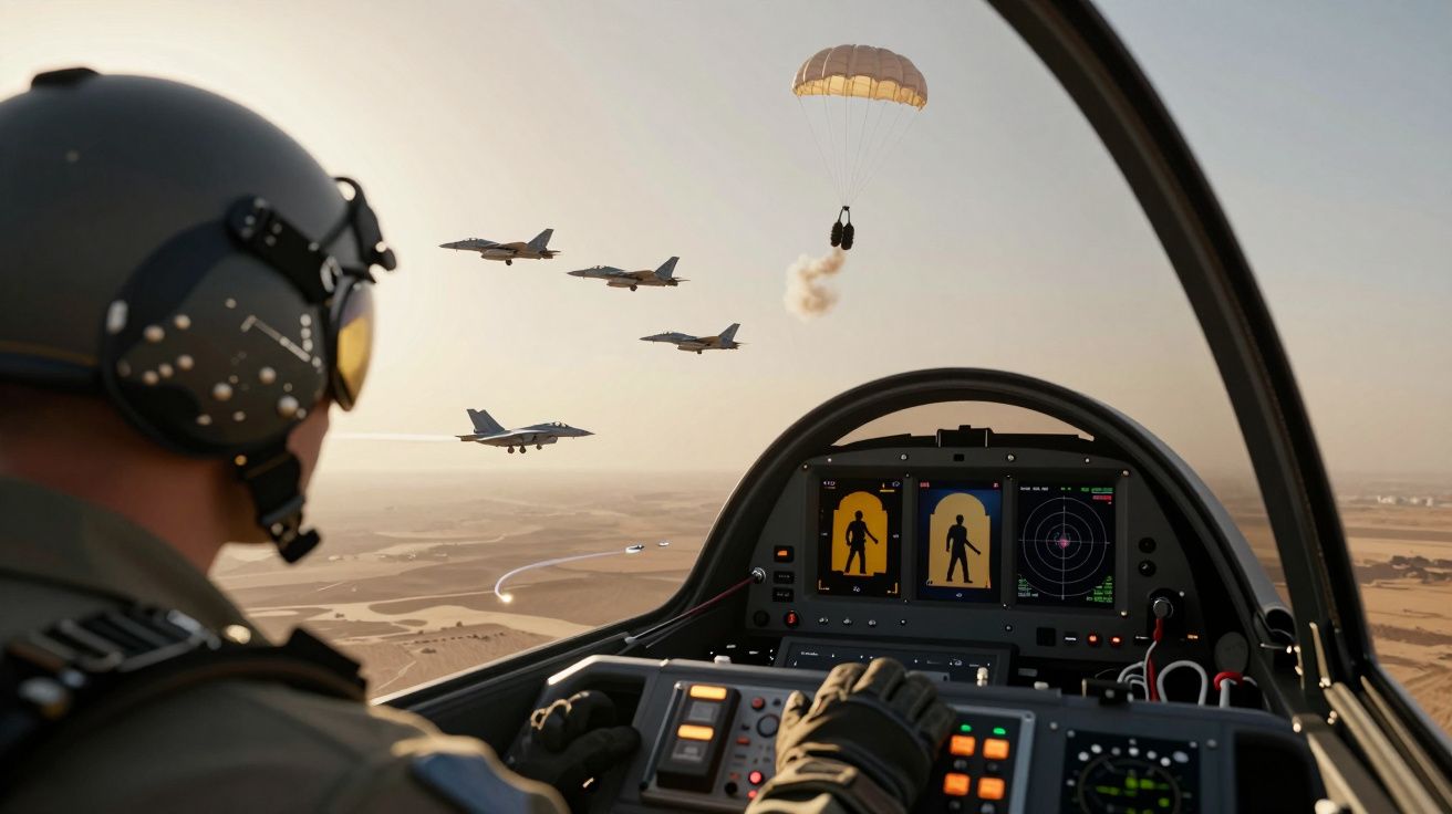 Widok z kokpitu myśliwca na pilota, pięć samolotów i spadochroniarza w powietrzu nad pustynią.
