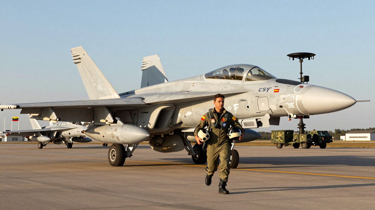 Pilot wojskowy w kombinezonie idzie obok myśliwca F/A-18 na pasie startowym lotniska.