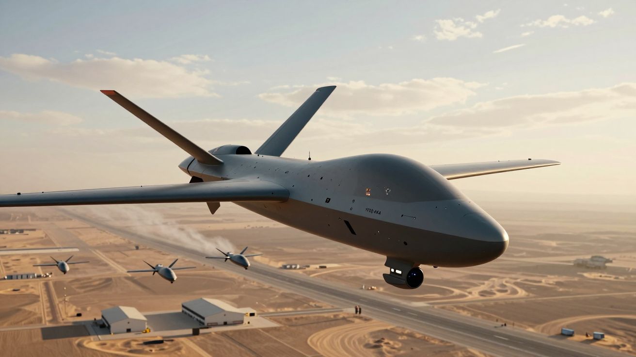 Dron wojskowy lecący nad pustynnym terenem z hangarami i innymi dronami w tle.