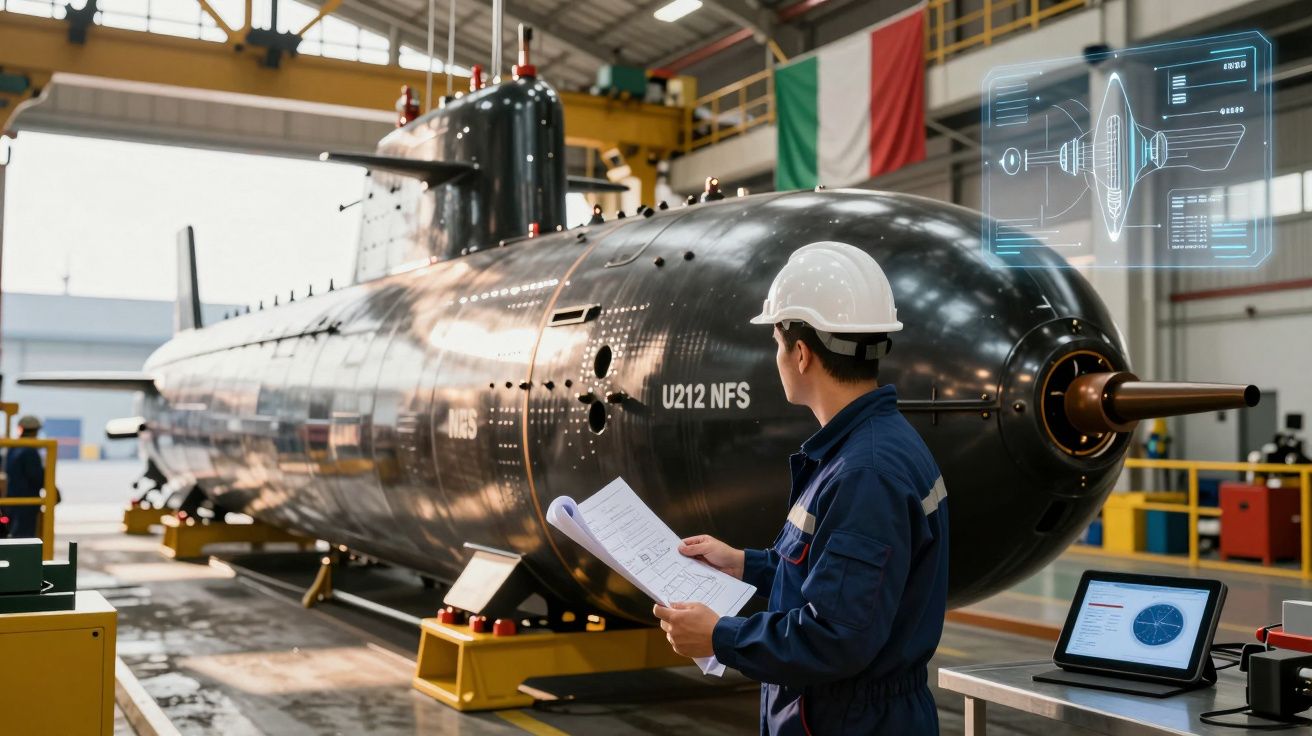 Inżynier w kasku kontroluje dokumenty przy nowoczesnej łodzi podwodnej w hali produkcyjnej.