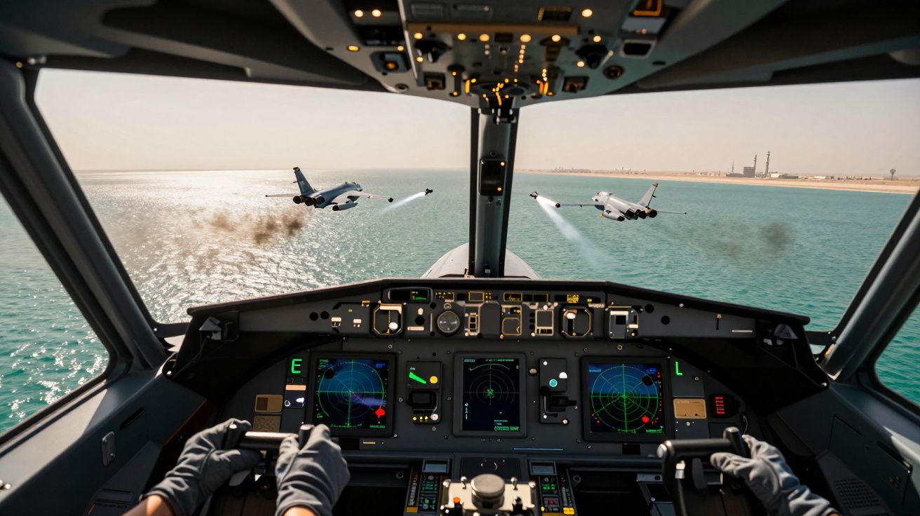 Wnętrze kokpitu samolotu wojskowego podczas walki powietrznej nad wodą.