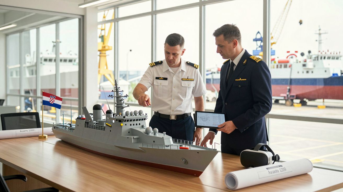 Dwaj marynarze analizują model statku wojennego na stole w porcie z oknem i statkiem w tle.