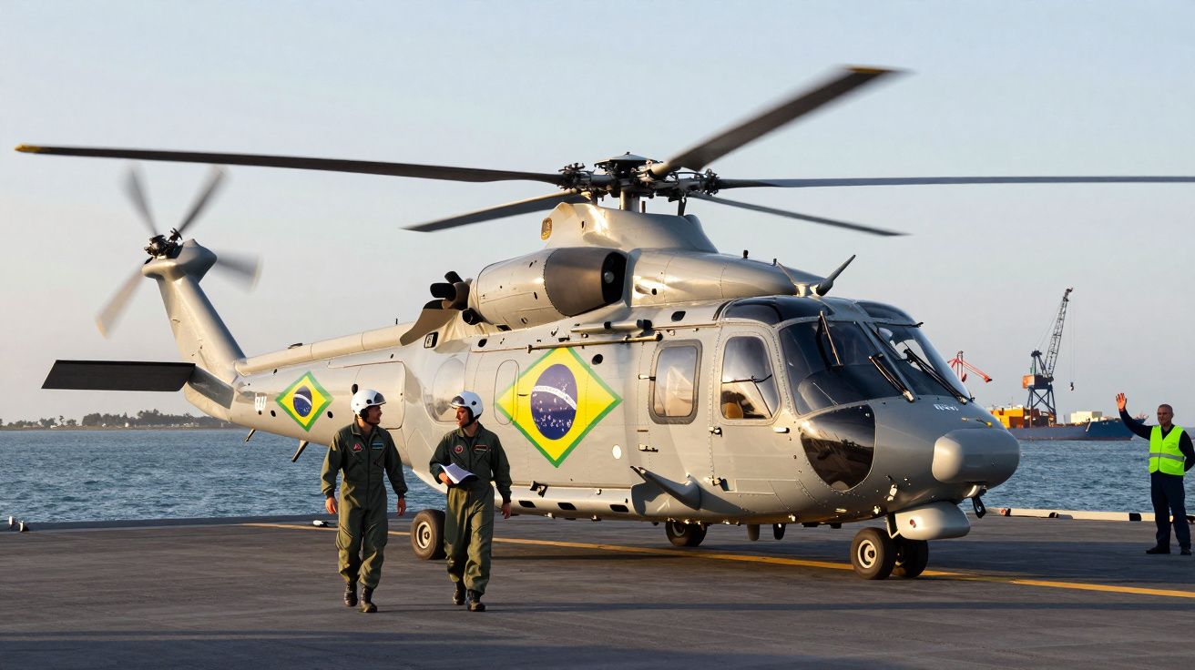 Srebrny helikopter wojskowy z flagą Brazylii na pokładzie, dwóch żołnierzy i port morski w tle.