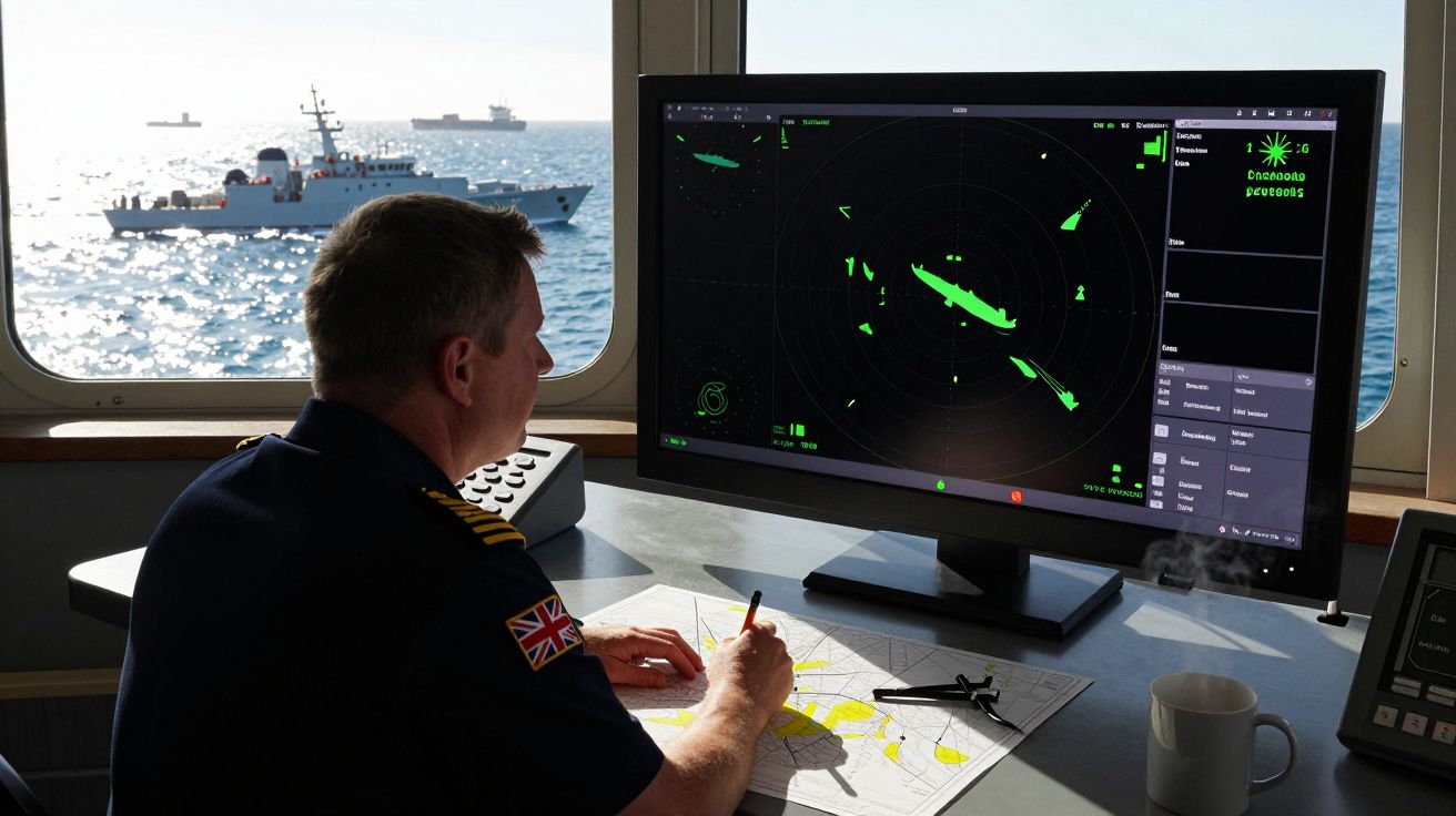 Oficer marynarki patrzący na radar statków i szkicujący mapę na mostku statku wojennego.