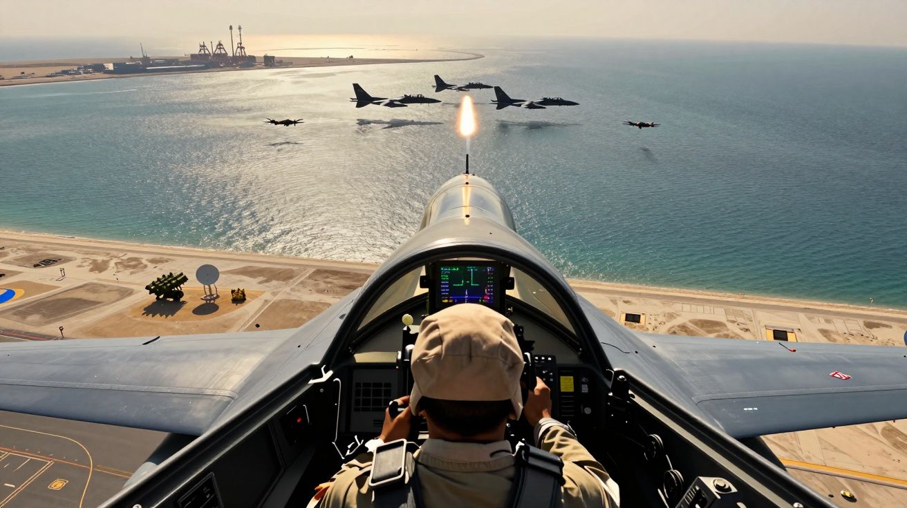 Widok z kokpitu samolotu wojskowego na formację myśliwców nad morzem i portem w tle.
