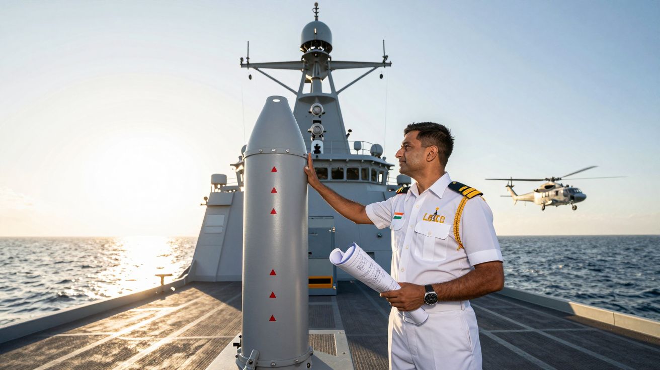 Oficer marynarki na pokładzie okrętu wojennego z helikopterem nad morzem w tle.