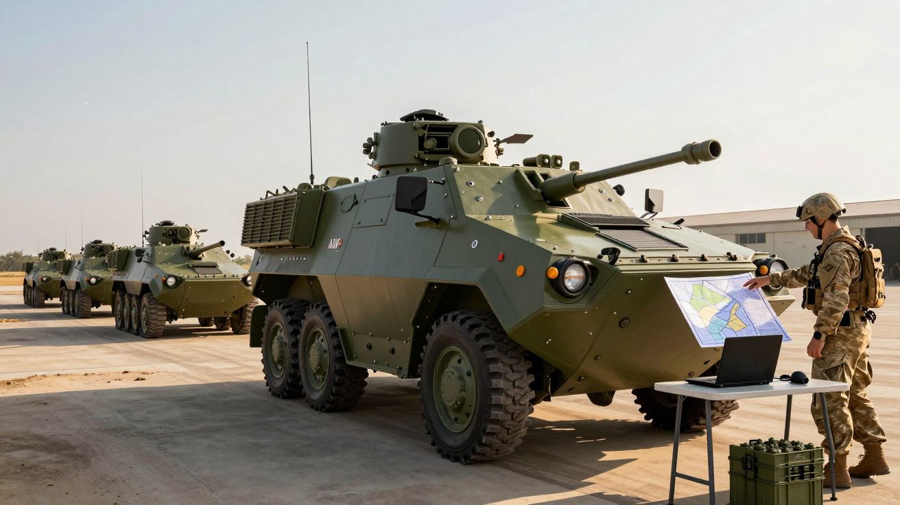 Żołnierz stoi przy stoliku z laptopem i mapą obok kamuflowanego, opancerzonego pojazdu wojskowego na pustynnym terenie.