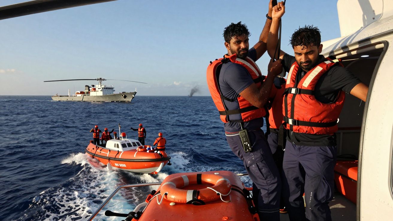 Dwóch ratowników w kamizelkach na pokładzie helikoptera nad morzem, z motorówką i okrętem w tle.
