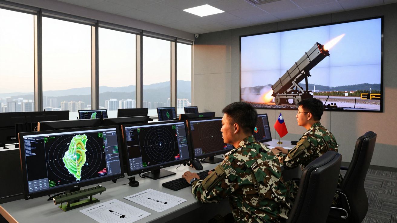 Dwóch żołnierzy w mundurach monitoruje systemy radarowe i obronne w centrum dowodzenia z ekranem wyświetlającym start rakiety