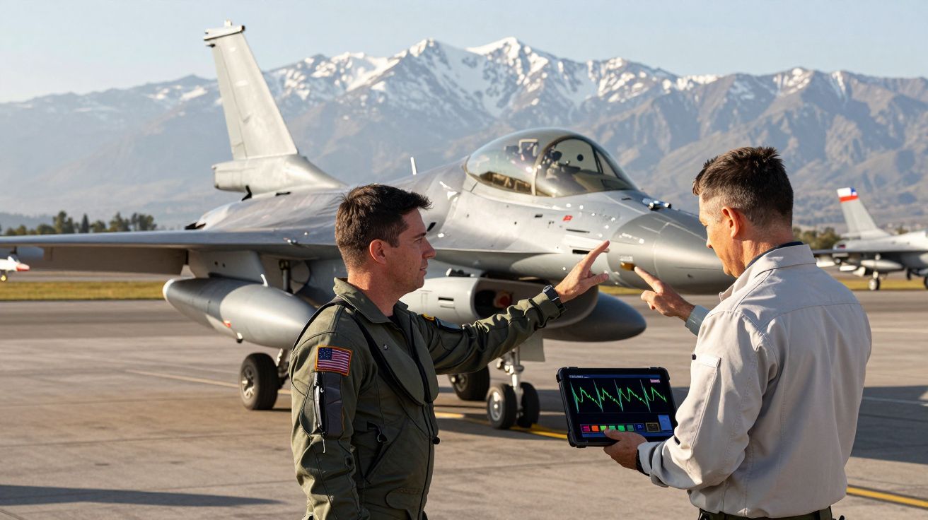 Dwóch mężczyzn przed myśliwcem na pasie startowym, w tle góry ośnieżone.