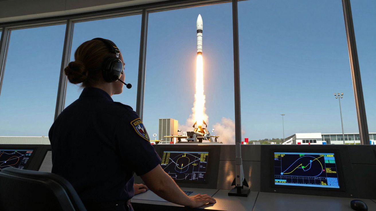 Operator z zestawem słuchawkowym kontroluje start rakiety widocznej przez okno w centrum dowodzenia.