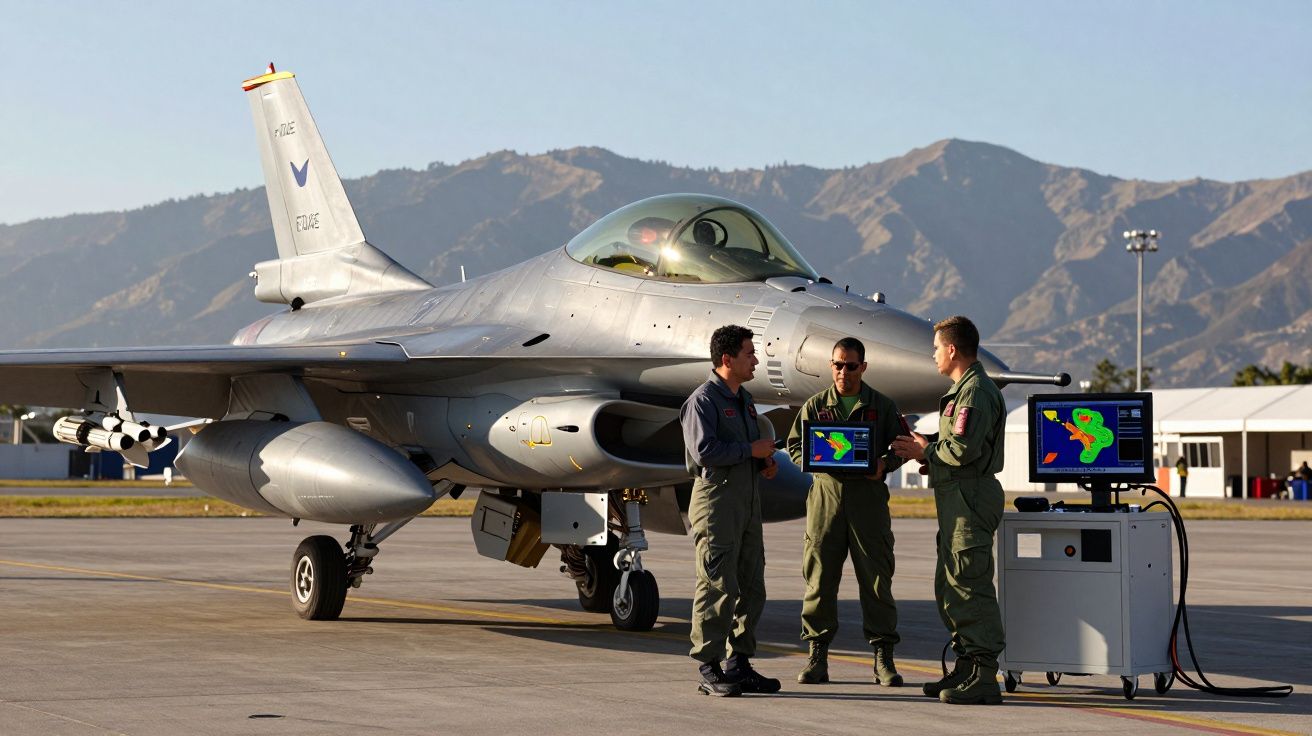 Trzech pilotów przy myśliwcu F-16 i stanowisku z monitorami na płycie lotniska górskiego.