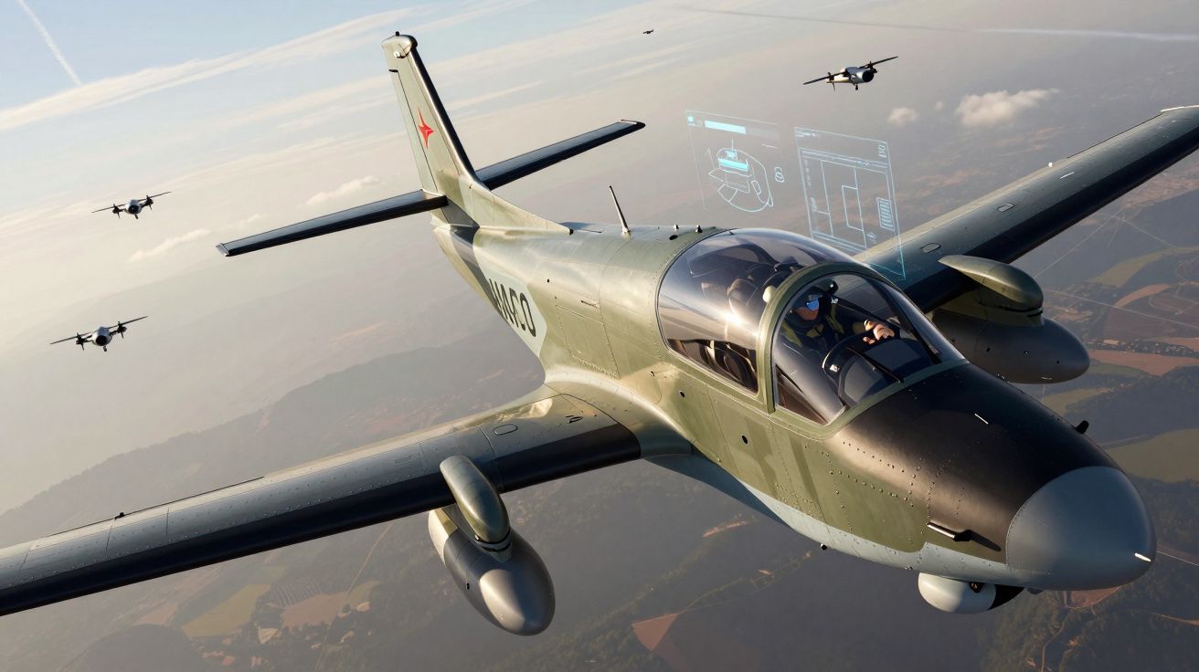 Samolot wojskowy w locie, pilot w kabinie, w tle trzy inne samoloty na niebie.