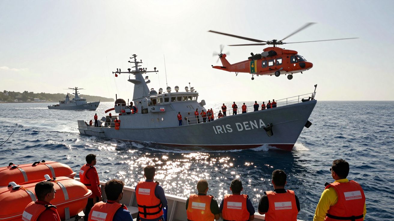 Helikopter nad statkiem ratunkowym Iris Dena, obok drugi okręt i grupa ludzi w kamizelkach ratunkowych na mniejszej łodzi.