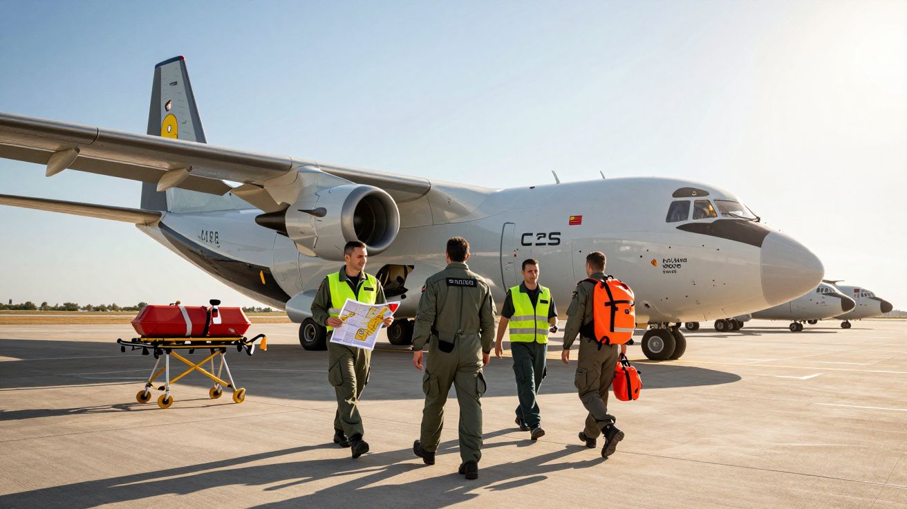 Czterech ratowników na płycie lotniska obok samolotu C-25, przygotowujący się do akcji ratunkowej.