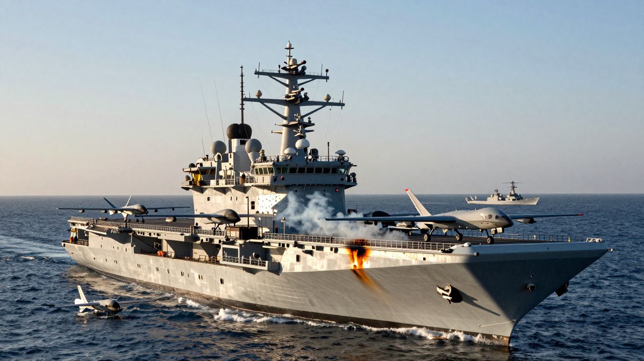 Duży wojskowy okręt na morzu z bezzałogowymi dronami startującymi i lądującymi na pokładzie.