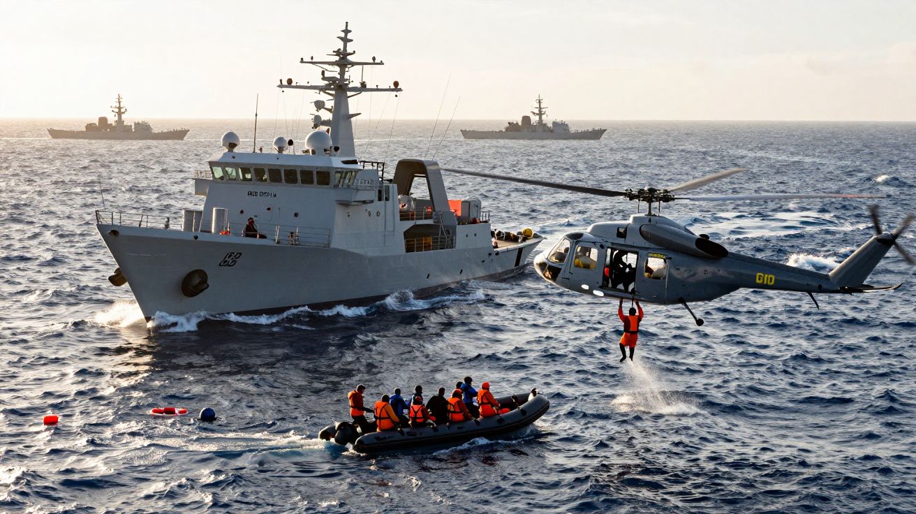 Podwodne ćwiczenia ratunkowe z helikopterem, łodzią i statkami wojskowymi na otwartym morzu.