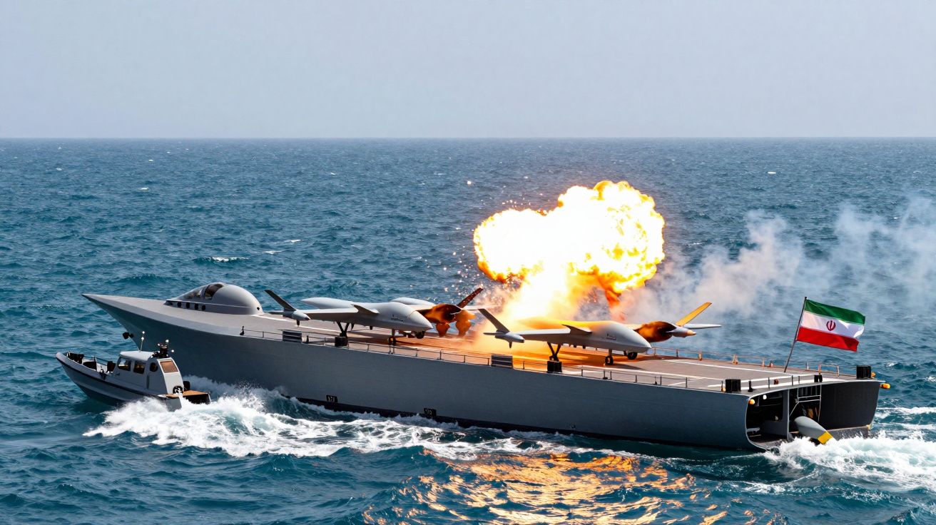 Militarny bezzałogowy statek na morzu wystrzeliwujący pocisk, flaga Iranu na tyle jednostki.