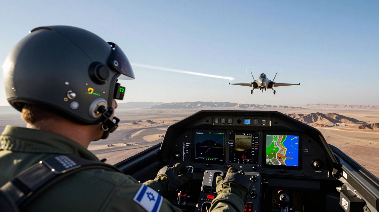 Pilot wojskowy w kokpicie myśliwca leci nad pustynią, przed nim nadlatuje drugi samolot.