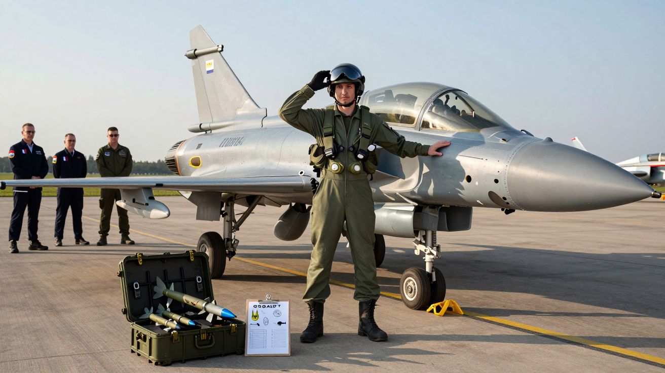 Pilot w kombinezonie wojskowym salutuje stojąc przy wojskowym myśliwcu na pasie startowym, obok amunicja i cztery osoby w tle