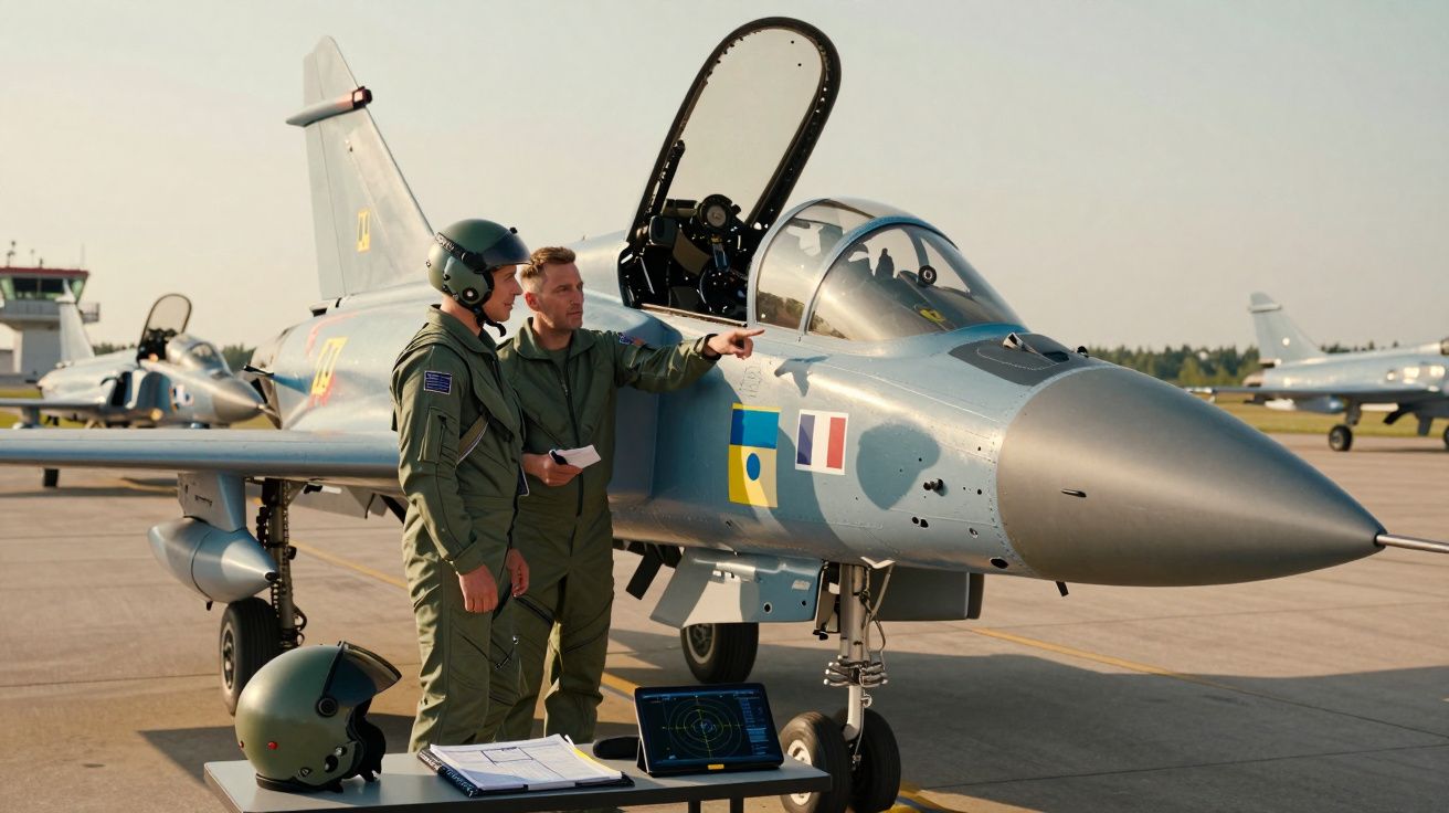 Dwóch pilotów w kombinezonach wojskowych obok myśliwca na lotnisku wojskowym przy dobrej pogodzie.