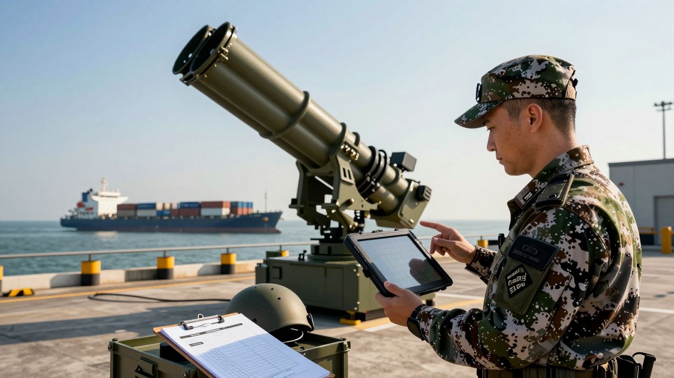Żołnierz w kamuflażu obsługuje tablet przy wyrzutni rakietowej na nabrzeżu z kontenerowcem w tle.