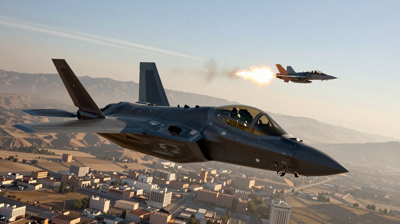 Dwa myśliwce wojskowe nad miastem, jeden wystrzeliwuje pocisk, w tle góry i jasne niebo.