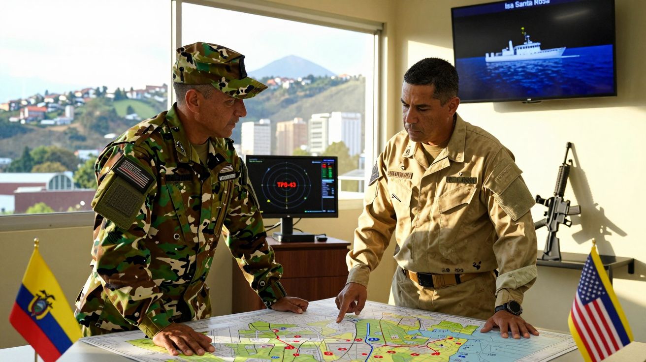 Dwóch żołnierzy omawia mapę na stole w pomieszczeniu z flagami Ekwadoru i USA.